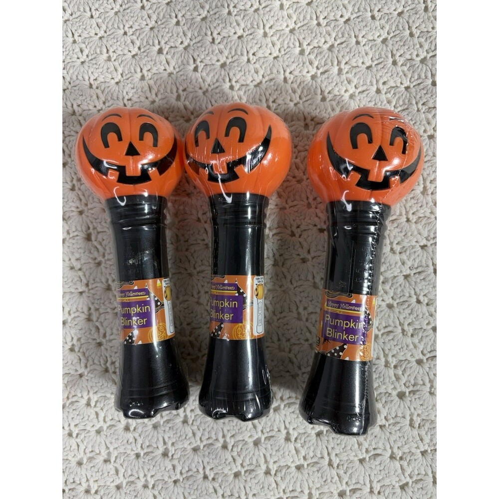 3 Halloween Pumpkin Blinking Handheld Light Battery Powered Orange Black Plastic